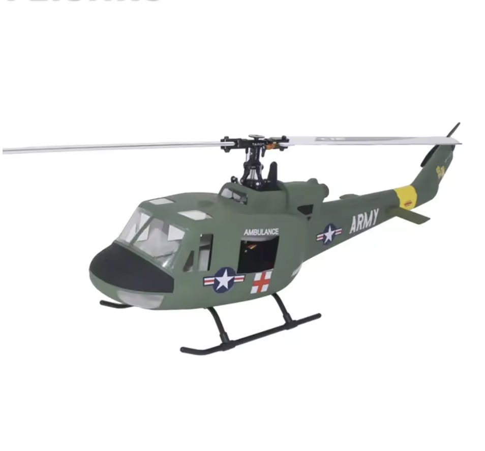 FLISHRC Bell UH-1D Huey (military) 450 Size Helicopter V5 Scal Tow Rotor Blades GPS with L7 Flight Control RTF UH-1 RC Helicopter