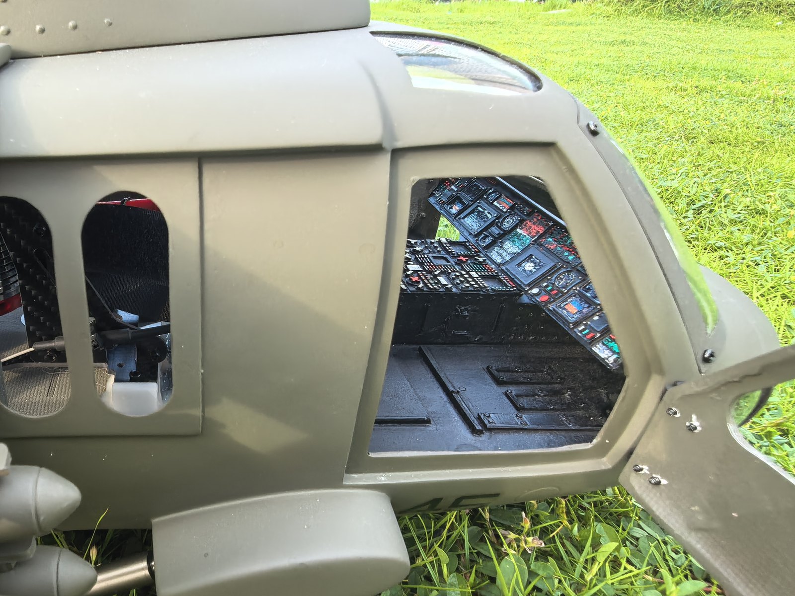 Detailed cockpit inside the FLISHRC UH-60 RC helicopter
